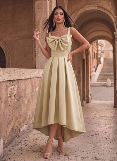 A-Line Square Neckline Sleeveless Asymmetrical Satin Evening Dresses With Bow