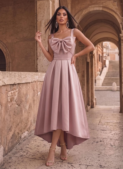 A-Line Square Neckline Sleeveless Asymmetrical Satin Evening Dresses With Bow