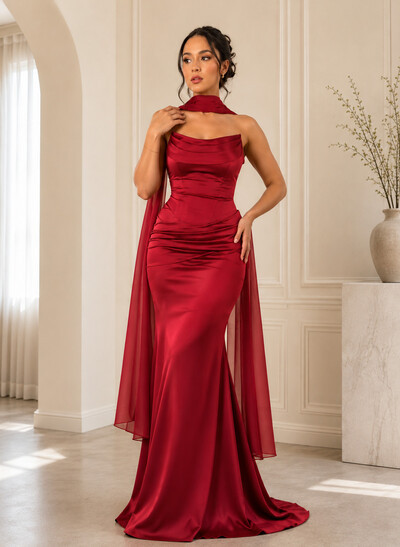 Trumpet/Mermaid Strapless Sleeveless Sweep Train Satin Evening Dresses With
