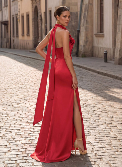A-Line Halter Sleeveless Sweep Train Charmeuse Evening Dresses With Flower