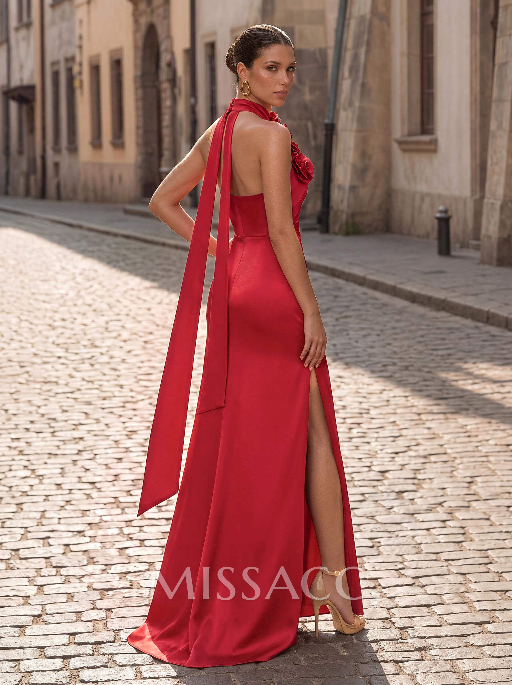 A-Line Halter Sleeveless Sweep Train Charmeuse Evening Dresses With Flower
