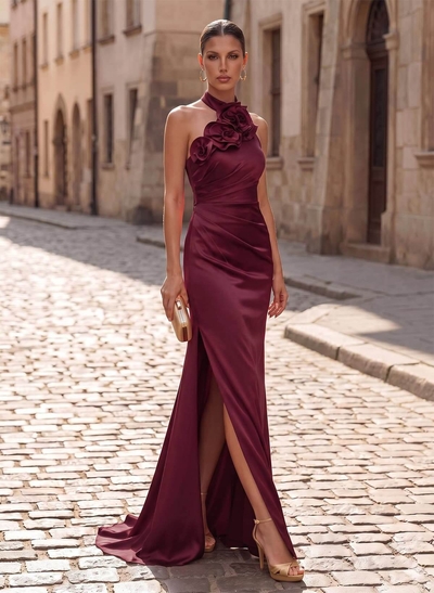A-Line Halter Sleeveless Sweep Train Charmeuse Evening Dresses With Flower
