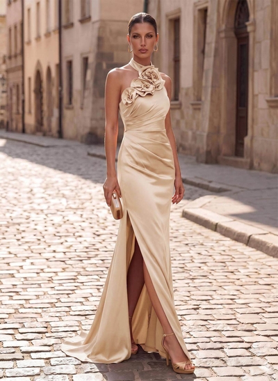 A-Line Halter Sleeveless Sweep Train Charmeuse Evening Dresses With Flower