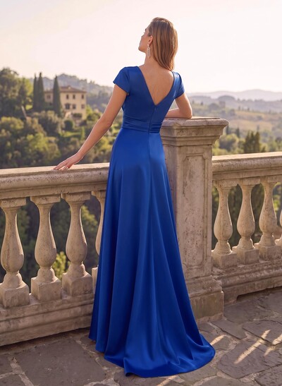 A-Line V-Neck Short Sleeves Asymmetrical Satin Evening Dresses With Cascading Ruffles/Flower