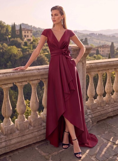 A-Line V-Neck Short Sleeves Asymmetrical Satin Evening Dresses With Cascading Ruffles/Flower