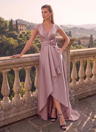 A-Line V-Neck Short Sleeves Asymmetrical Satin Evening Dresses With Cascading Ruffles/Flower