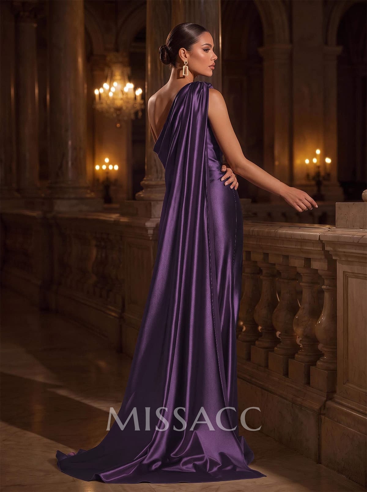 Sheath/Column One-Shoulder Sleeveless Sweep Train Stretch Satin Knit Evening Dresses With High Split