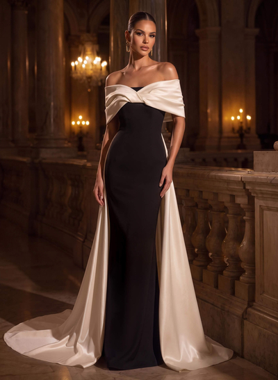 Sheath/Column Off-The-Shoulder Sleeveless Court Train Satin/Elastic Satin Evening Dresses With Bow
