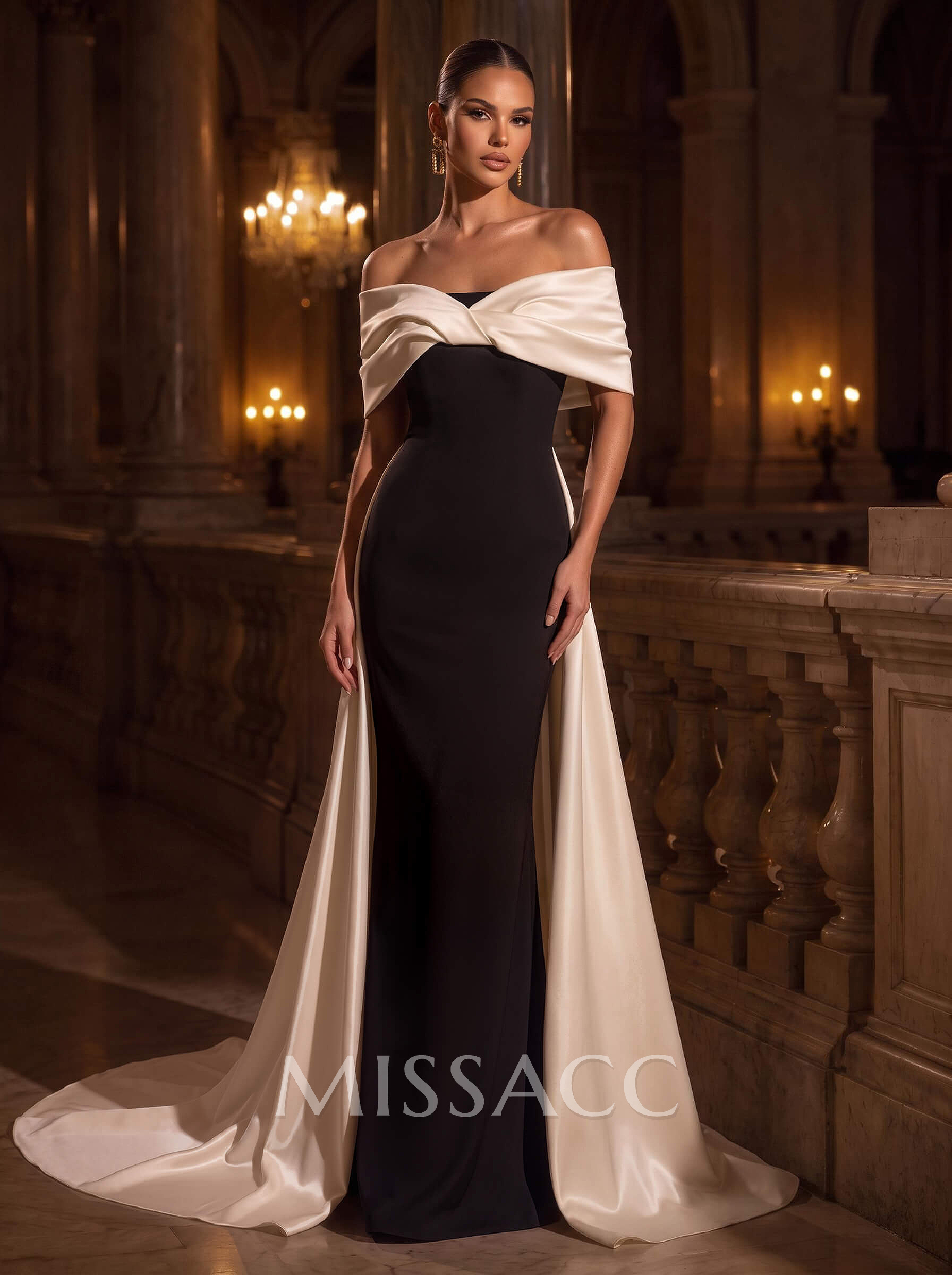Sheath/Column Off-The-Shoulder Sleeveless Court Train Satin/Elastic Satin Evening Dresses With Bow