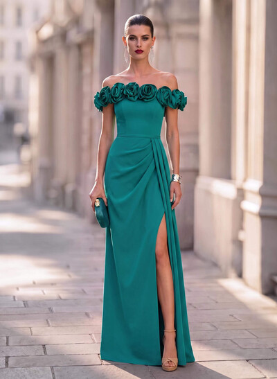 Fitted Off-The-Shoulder Sleeveless Floor-Length Stretch Satin Evening Gown With Floral Detail And High Slit
