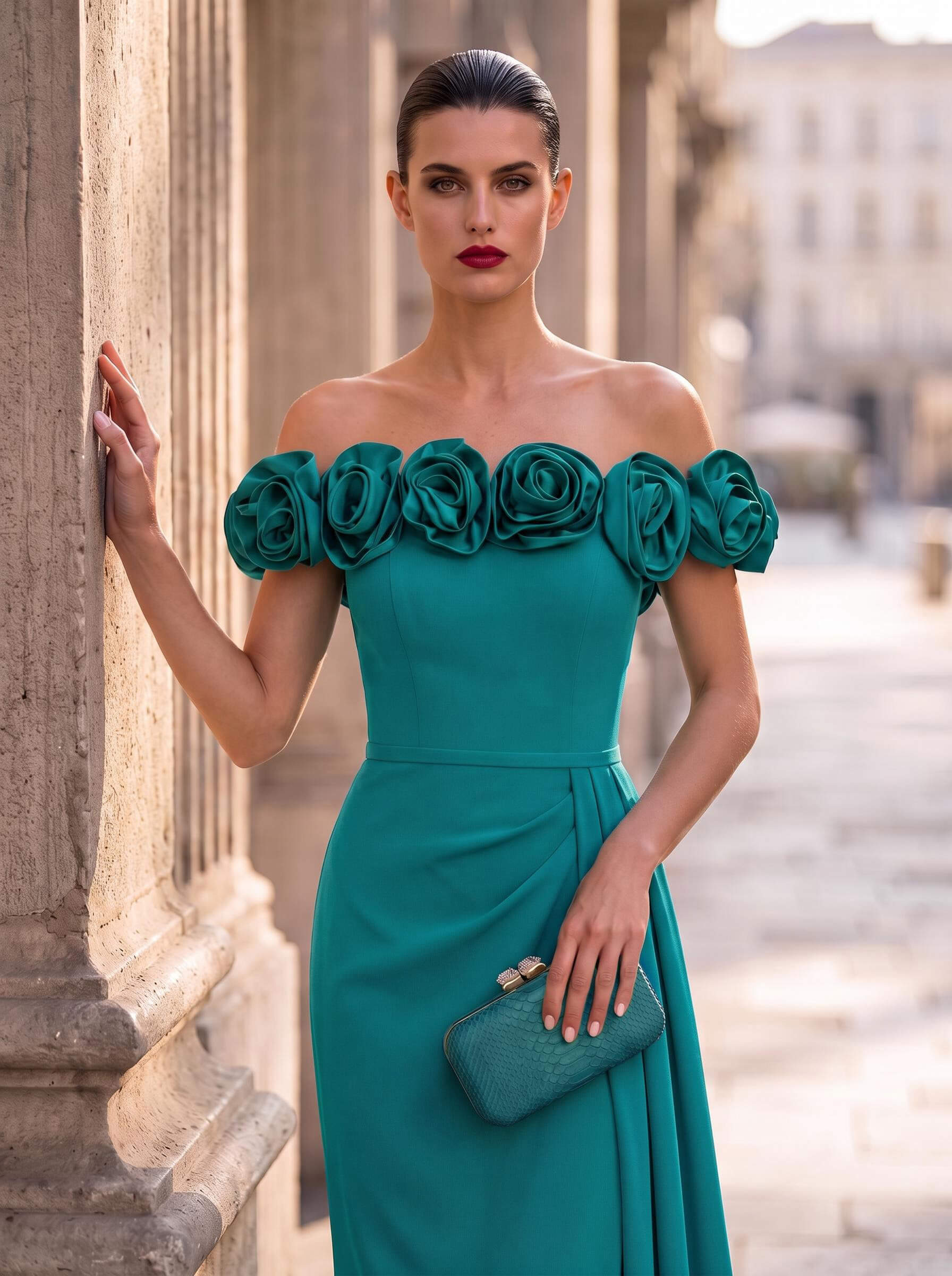 Fitted Off-The-Shoulder Sleeveless Floor-Length Stretch Satin Evening Gown With Floral Detail And High Slit