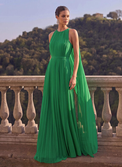A-Line Scoop Neck Sleeveless Floor-Length Chiffon Evening Dresses With Pleated