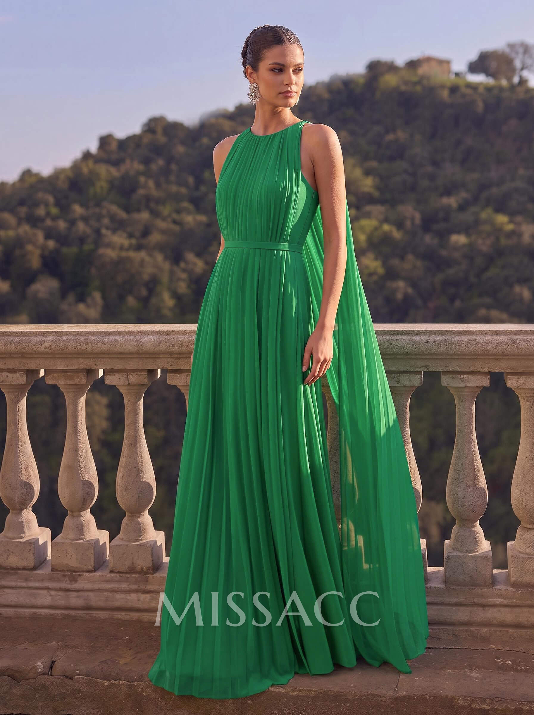 A-Line Scoop Neck Sleeveless Floor-Length Chiffon Evening Dresses With Pleated