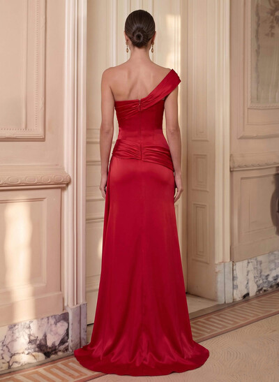 A-Line One-Shoulder Sleeveless Sweep Train Crepe Chiffon Evening Dresses With Split Front/Pleated