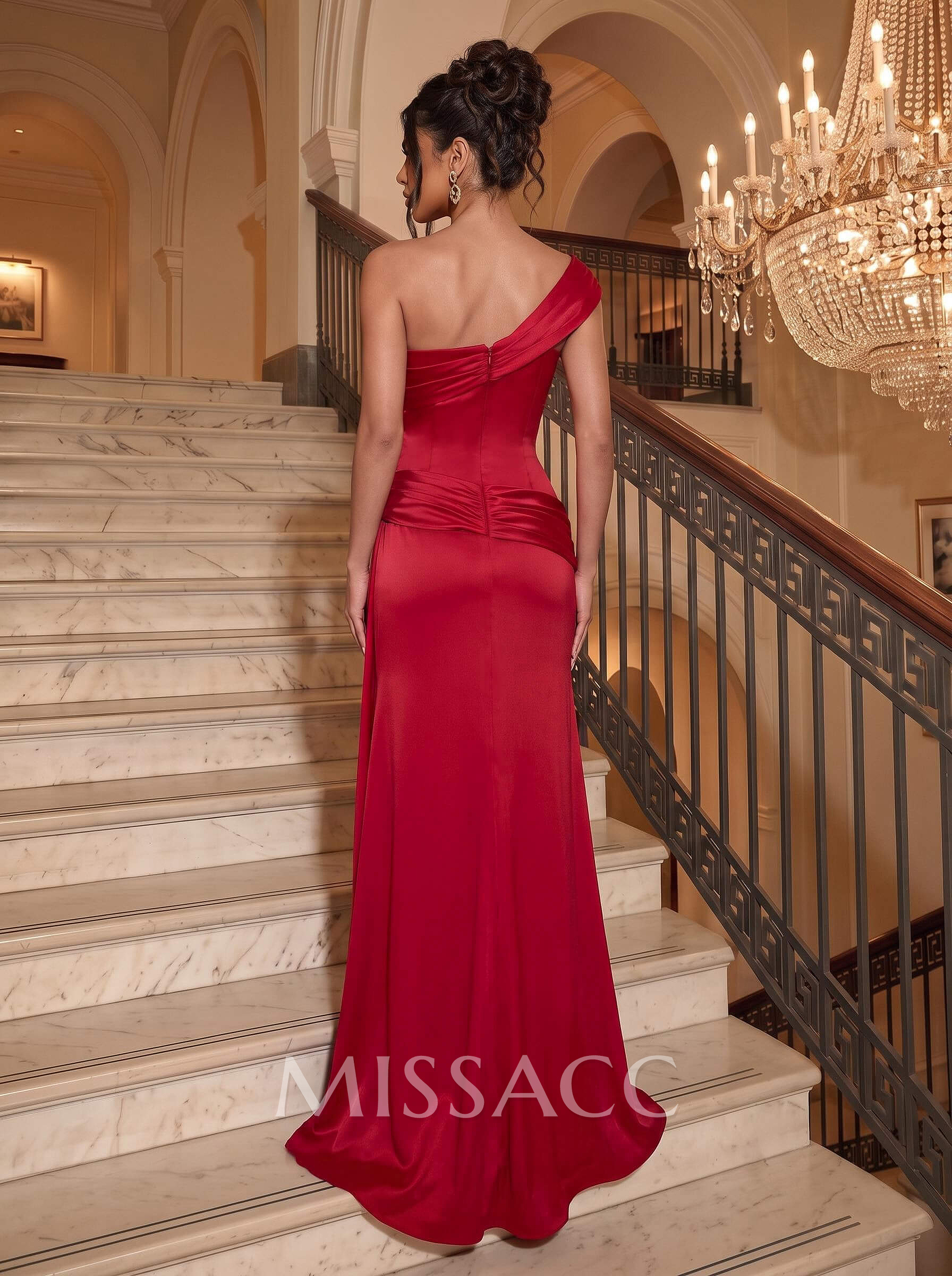 A-Line One-Shoulder Sleeveless Sweep Train Crepe Chiffon Evening Dresses With Split Front/Pleated