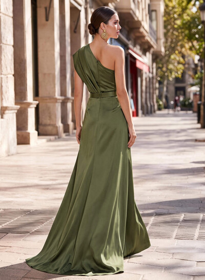 A-Line One-Shoulder Sleeveless Asymmetrical Satin Evening Dresses With Cascading Ruffles/High Split