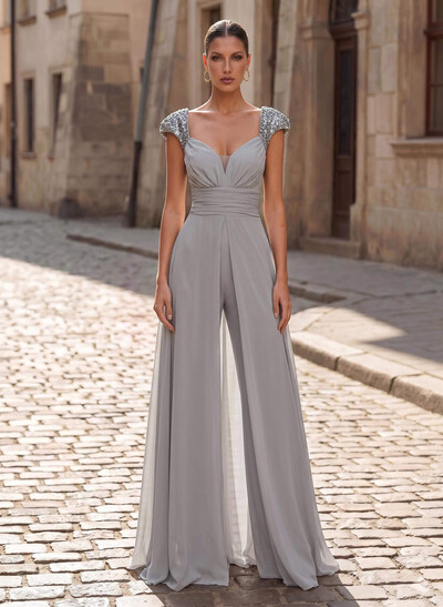 Jumpsuit/Pantsuit Plunge Neck Short Sleeves Floor-Length Chiffon Evening Dresses With Overskirt Dress