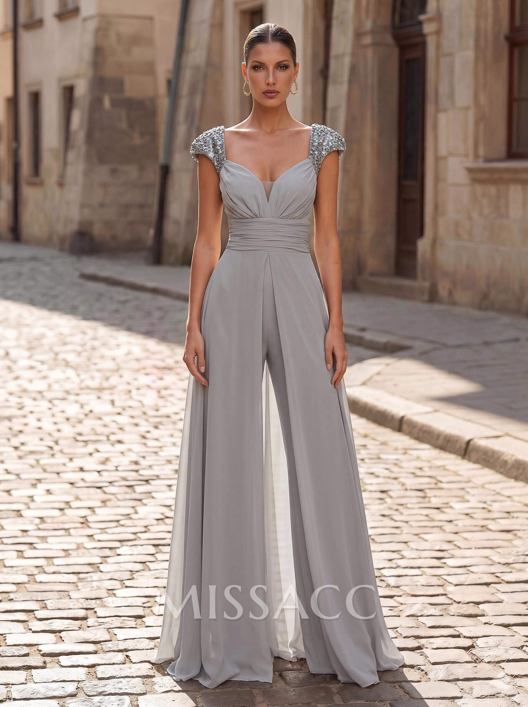 Jumpsuit/Pantsuit Plunge Neck Short Sleeves Floor-Length Chiffon Evening Dresses With Overskirt Dress