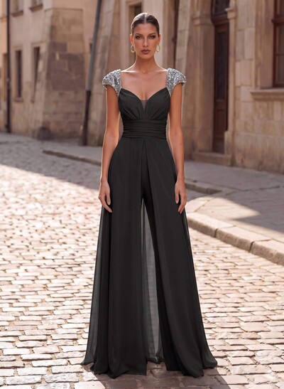 Jumpsuit/Pantsuit Plunge Neck Short Sleeves Floor-Length Chiffon Evening Dresses With Overskirt Dress