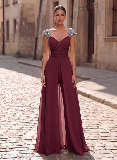 Jumpsuit/Pantsuit Plunge Neck Short Sleeves Floor-Length Chiffon Evening Dresses With Overskirt Dress