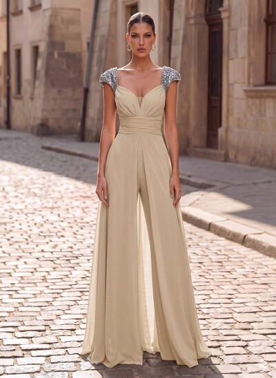 Jumpsuit/Pantsuit Plunge Neck Short Sleeves Floor-Length Chiffon Evening Dresses With Overskirt Dress