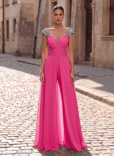 Jumpsuit/Pantsuit Plunge Neck Short Sleeves Floor-Length Chiffon Mother Of The Bride Dresses With Overskirt Dress
