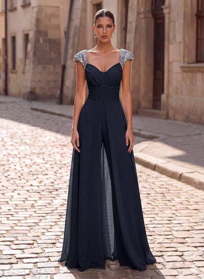 Jumpsuit/Pantsuit Plunge Neck Short Sleeve Floor-Length Chiffon Mother Of The Bride Dress With Overskirt