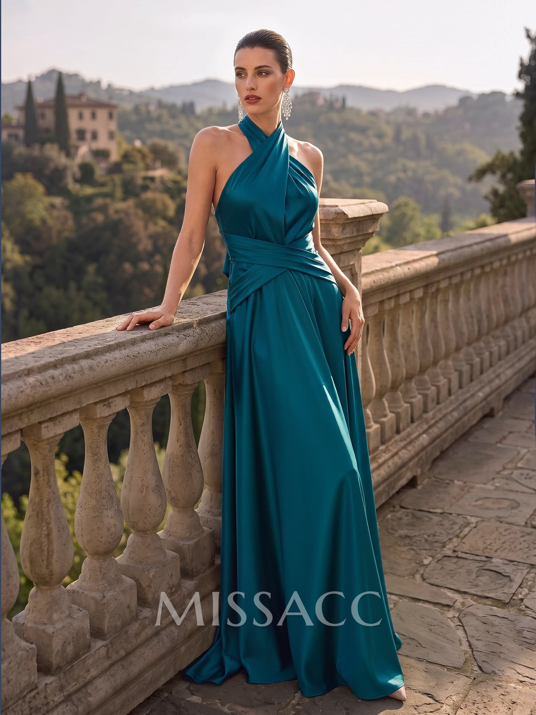 A-Line Halter Sleeveless Sweep Train Satin Evening Dresses With Bow