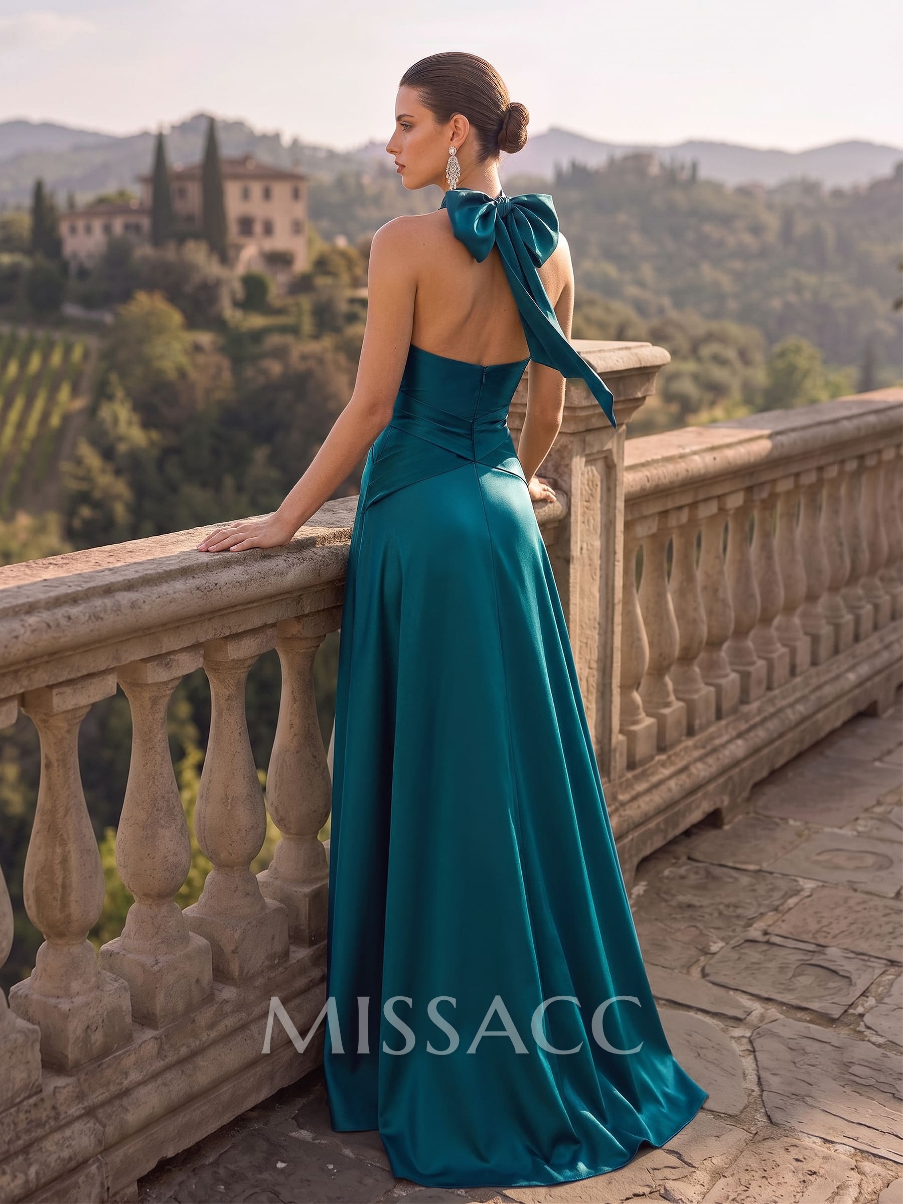 A-Line Halter Sleeveless Sweep Train Satin Evening Dresses With Bow
