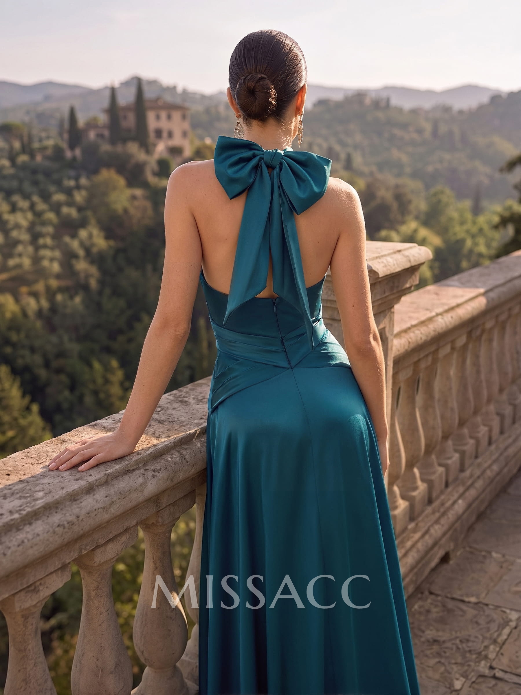 A-Line Halter Sleeveless Sweep Train Satin Evening Dresses With Bow