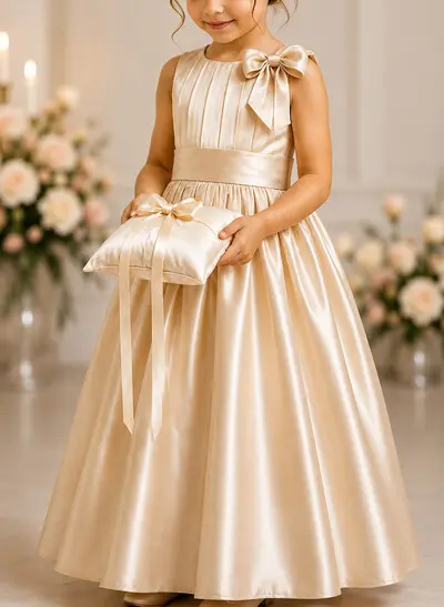 A-Line Scoop Neck Sleeveless Floor-Length Satin Flower Girl Dresses With Bow/Sash