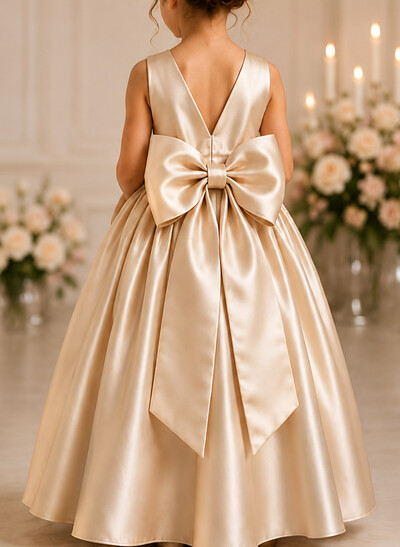 A-Line Scoop Neck Sleeveless Floor-Length Satin Flower Girl Dresses With Bow/Sash