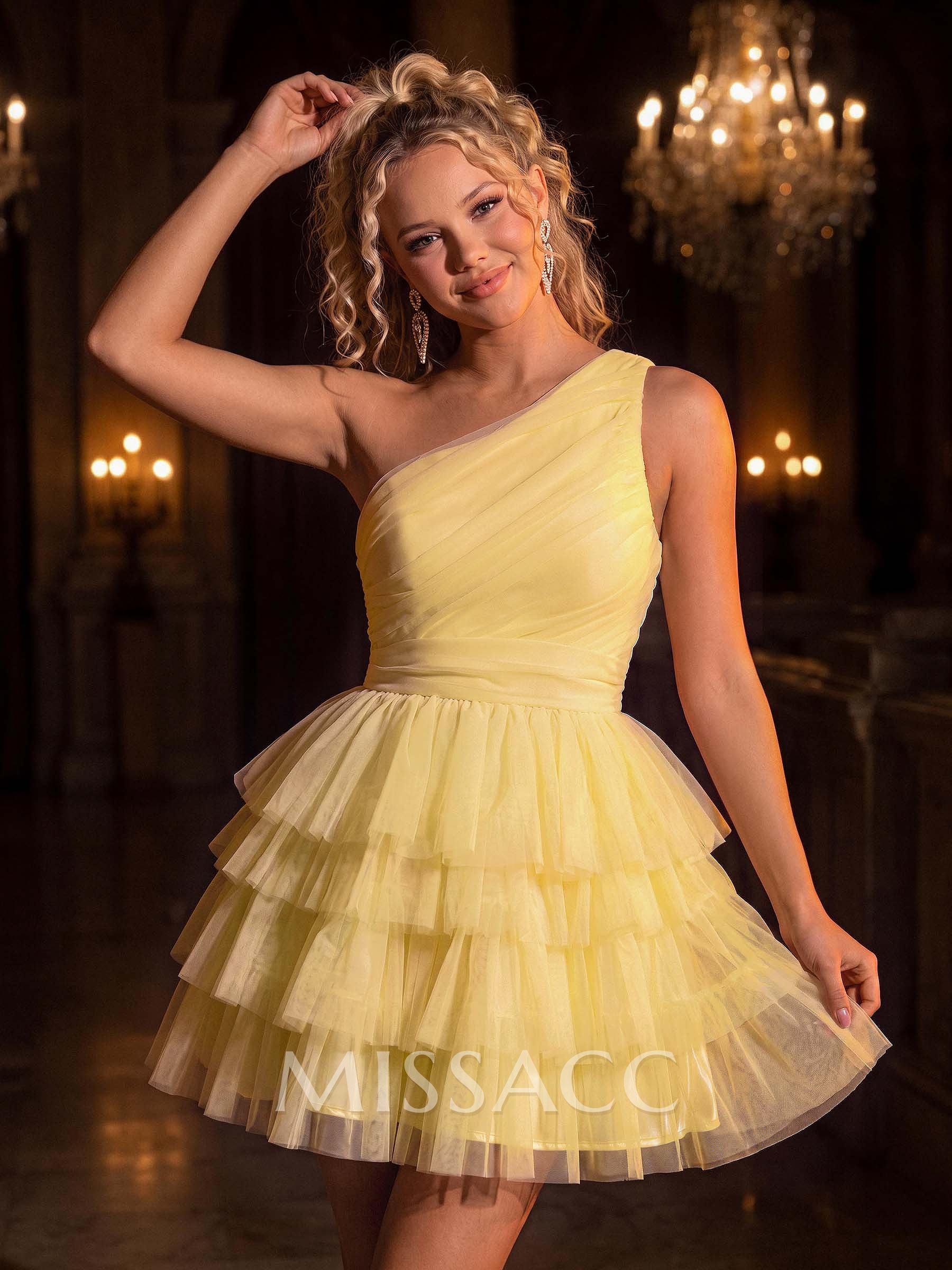 A-Line One-Shoulder Sleeveless Short Satin/Tulle Homecoming Dresses With Tiered