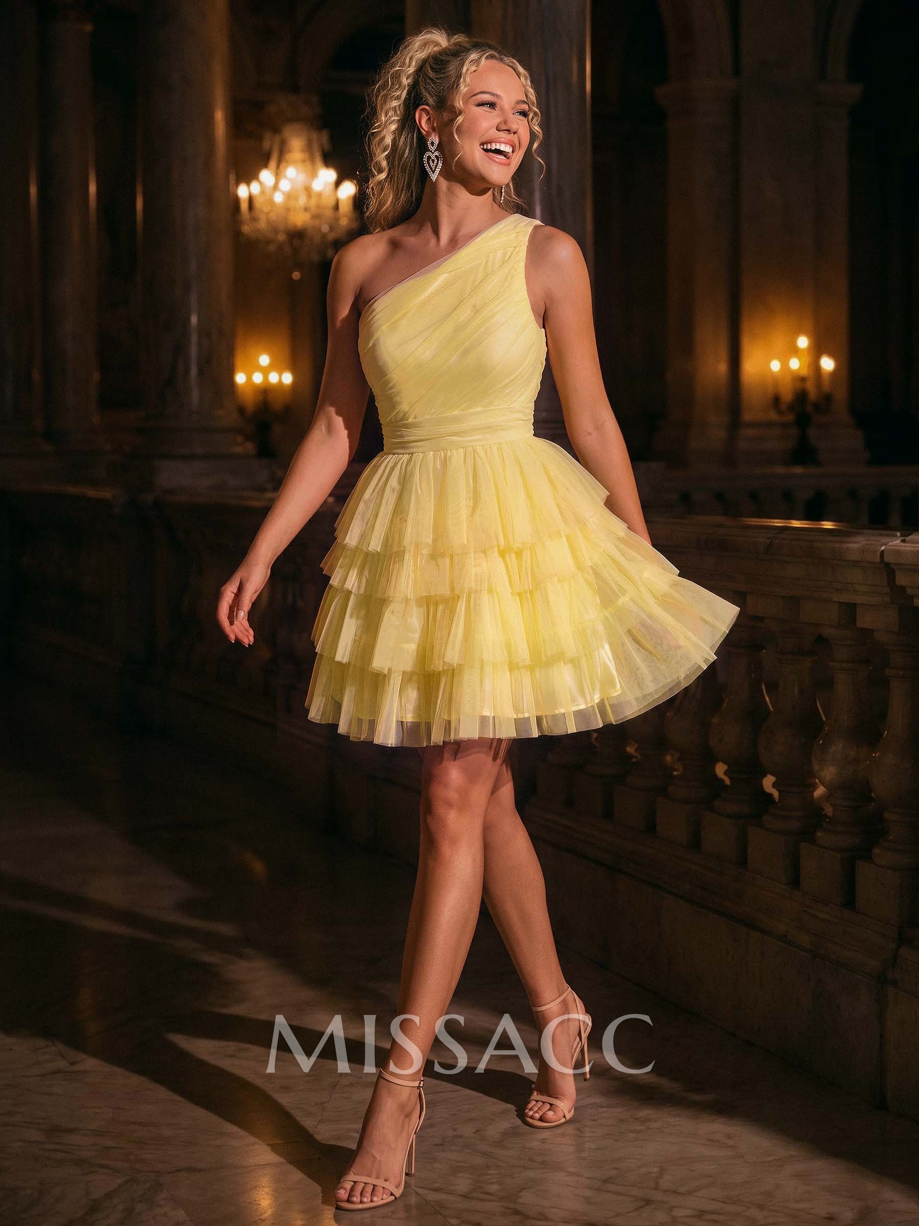 A-Line One-Shoulder Sleeveless Short Satin/Tulle Homecoming Dresses With Tiered