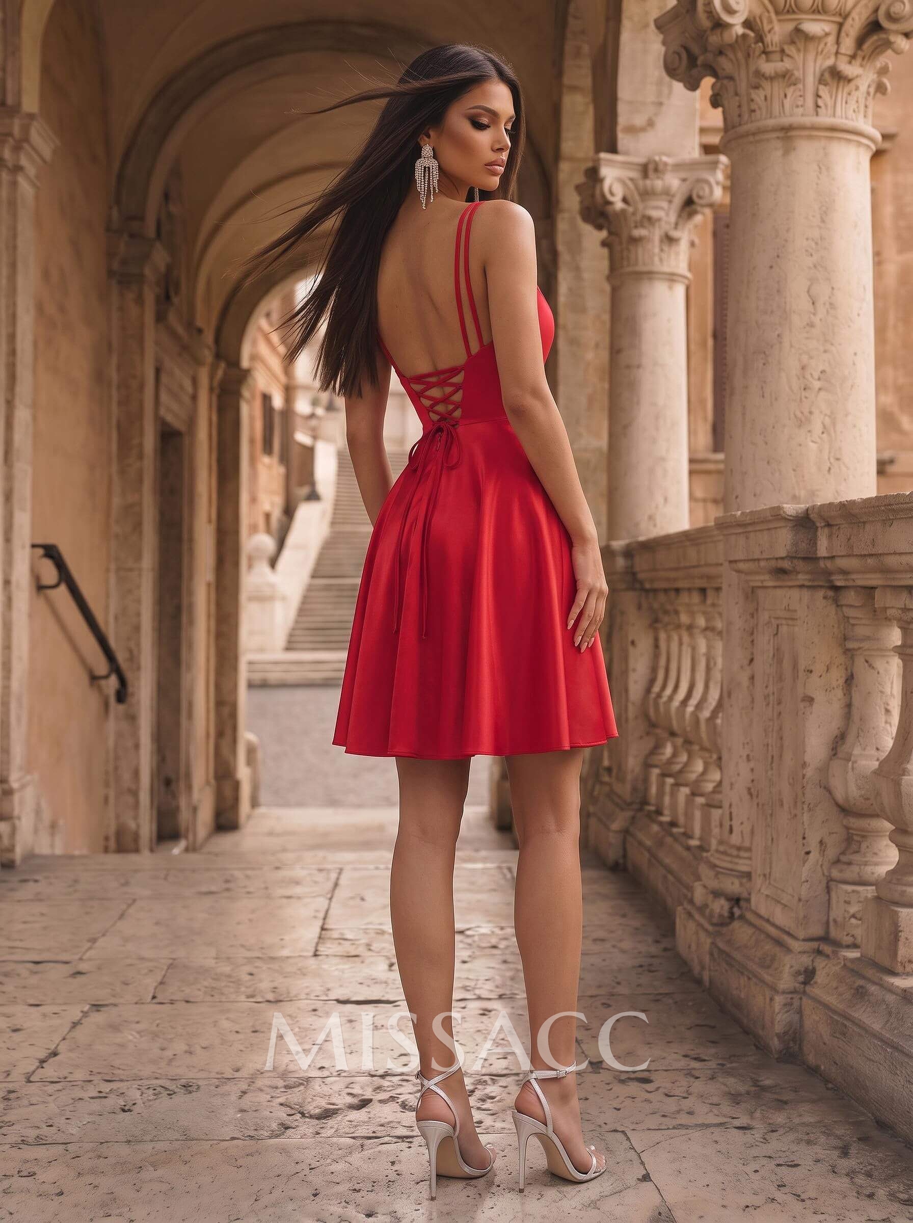 A-Line V-Neck Sleeveless Short/Mini Matte Satin Homecoming Dresses With High Split