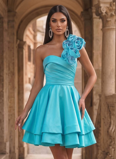 A-Line One-Shoulder Sleeveless Short/Mini Satin Homecoming Dresses With Flowers