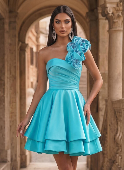 A-Line One-Shoulder Sleeveless Short/Mini Satin Homecoming Dresses With Flowers