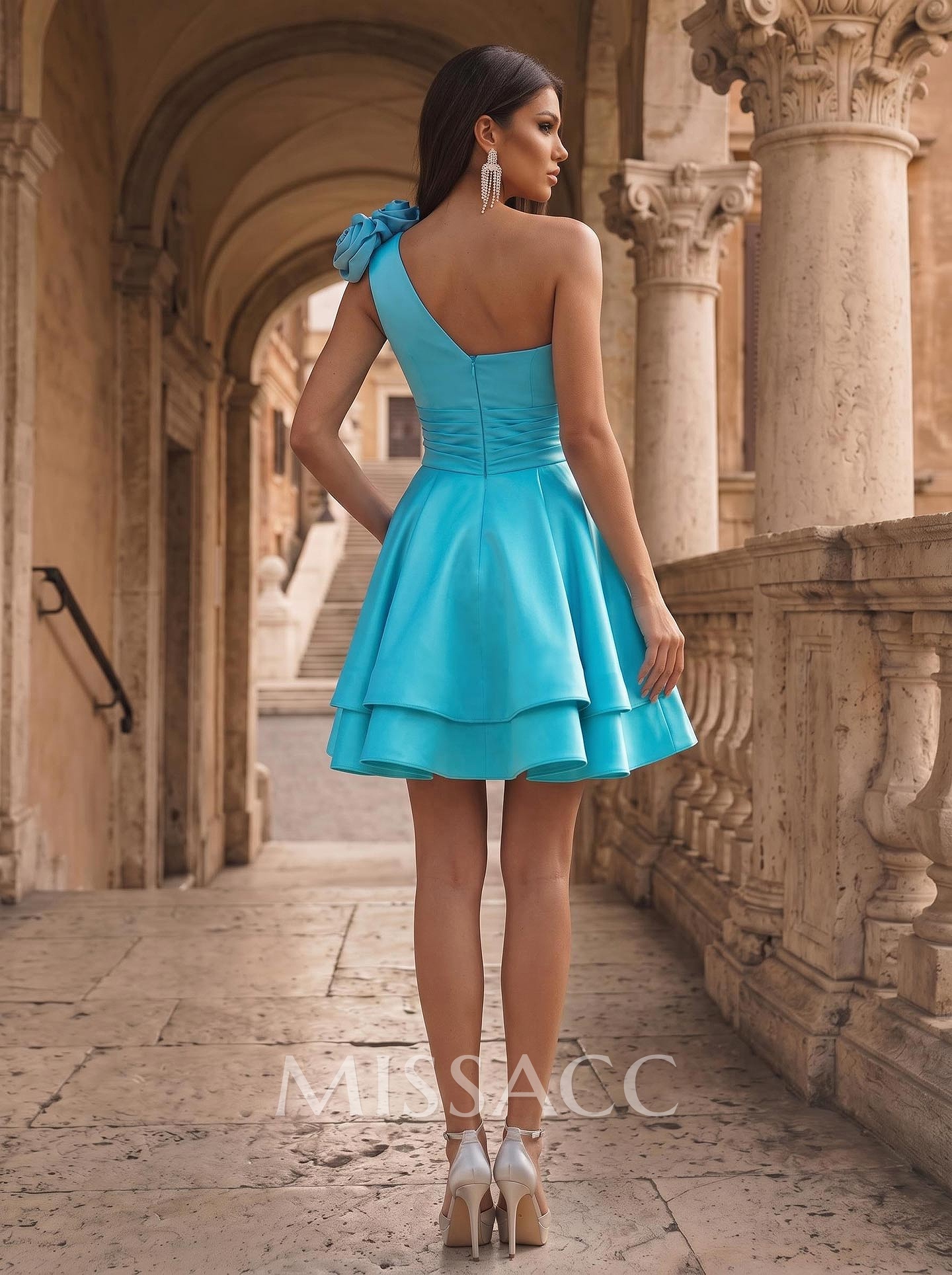 A-Line One-Shoulder Sleeveless Short/Mini Satin Homecoming Dresses With Flowers