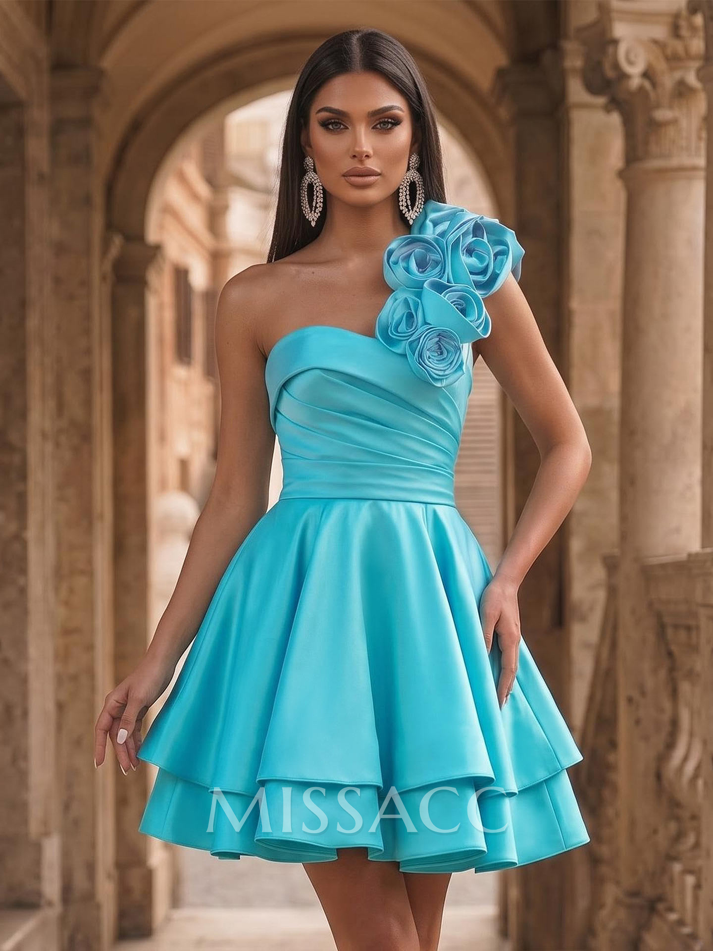 A-Line One-Shoulder Sleeveless Short/Mini Satin Homecoming Dresses With Flowers