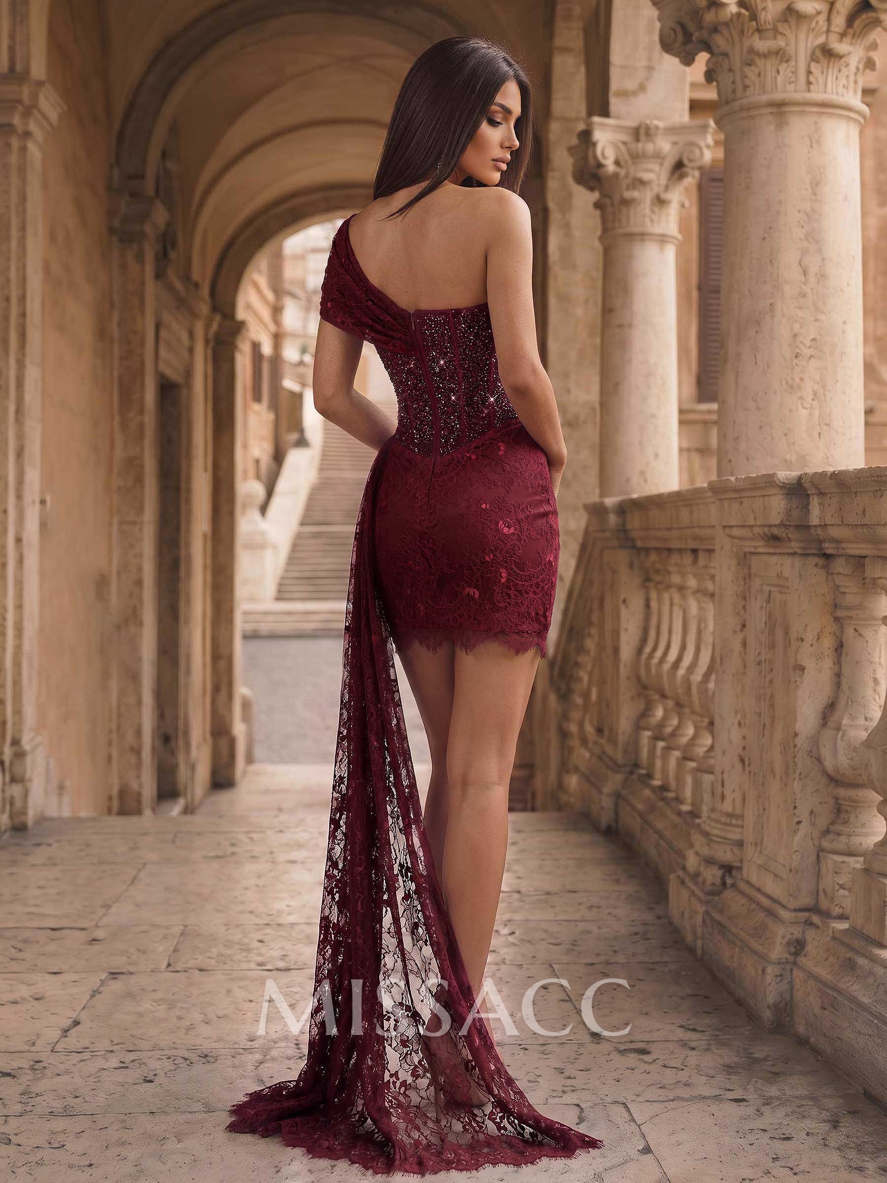 Fitted One-Shoulder Short Sleeve Mini Party Dress In Lace And Stretch Satin