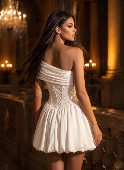 A-Line One-Shoulder Short Sleeves Short/Mini Elastic Satin Homecoming Dresses With Bubble Hem