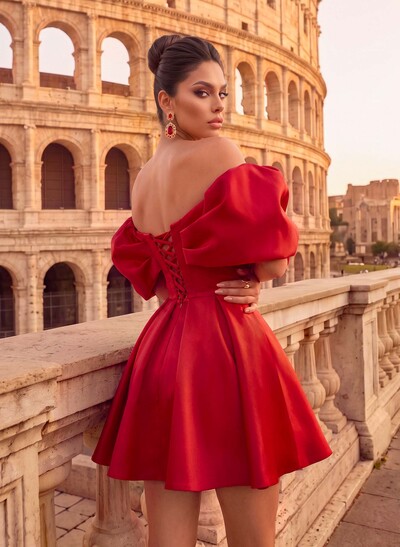 A-Line Bardot Short Sleeve Mini Satin Party Dresses