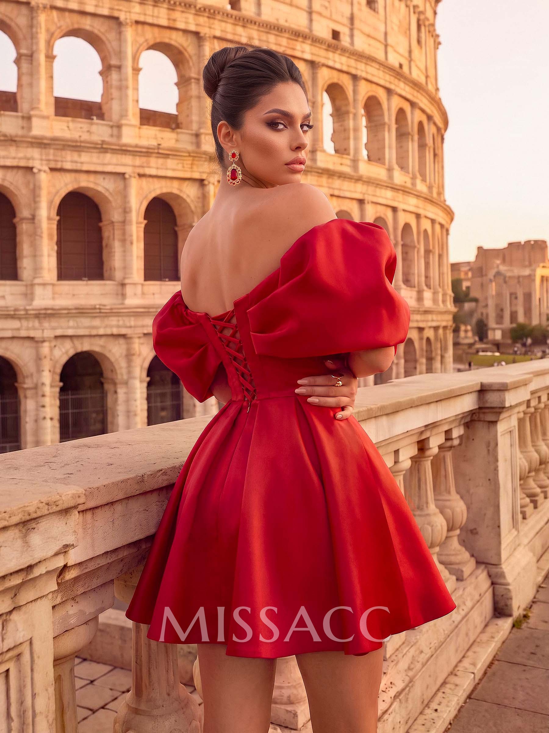 A-Line Bardot Short Sleeve Mini Satin Party Dresses