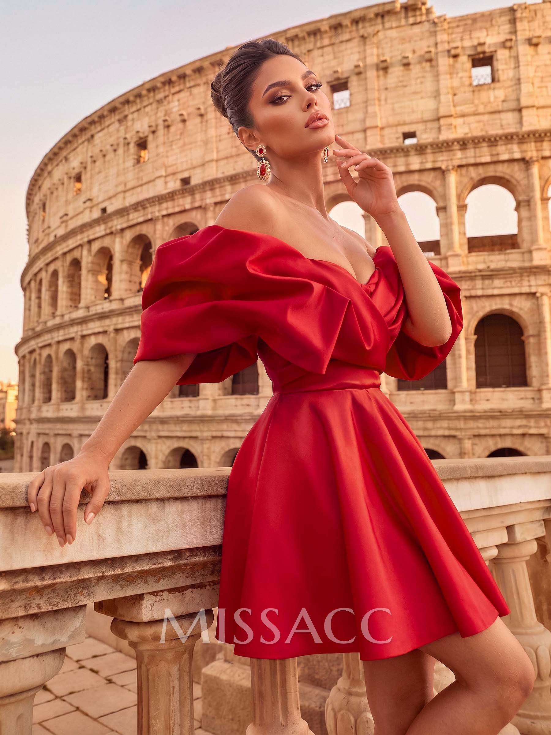 A-Line Bardot Short Sleeve Mini Satin Party Dresses