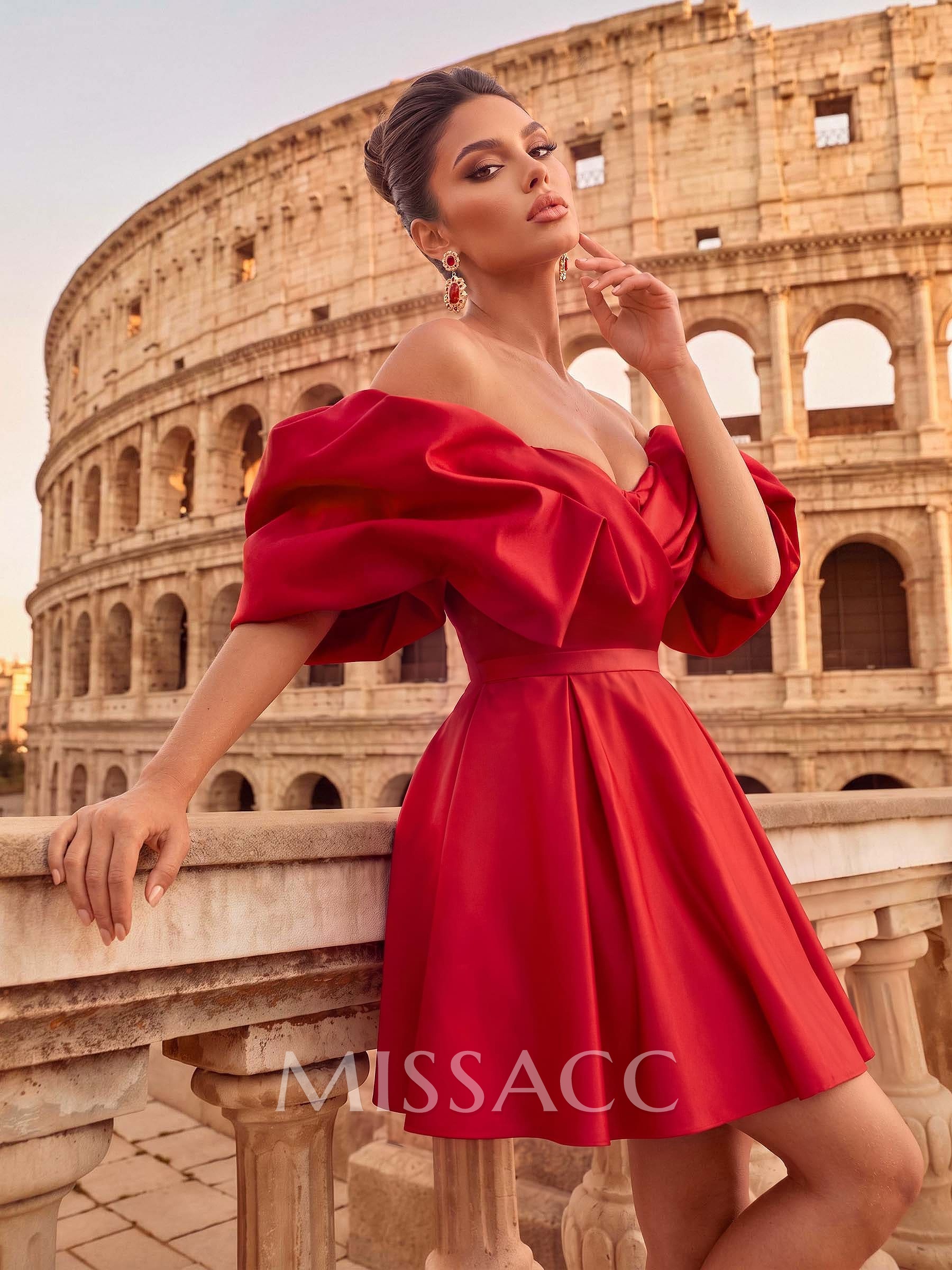 A-Line Off-The-Shoulder Short Sleeves Short/Mini Satin Homecoming Dresses
