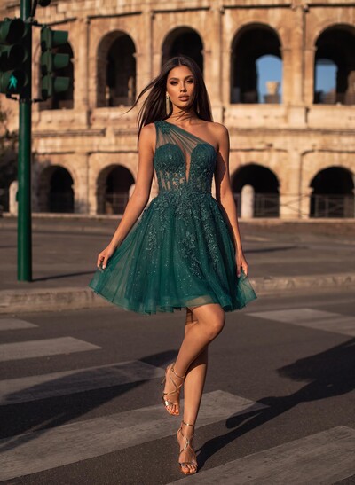 A-Line One-Shoulder Sleeveless Short/Mini Satin/Tulle Homecoming Dresses