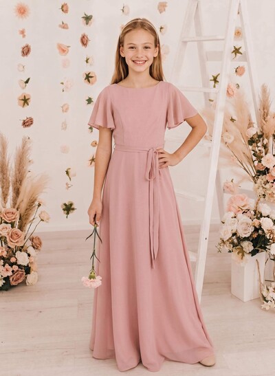 A-Line Scoop Neck Short Sleeves Floor-Length Chiffon Junior Bridesmaid Dresses