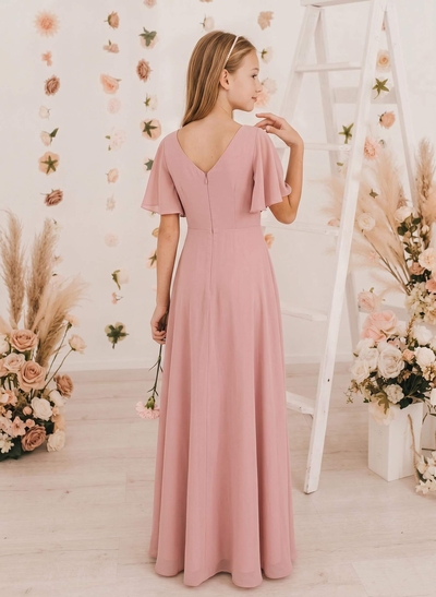 A-Line Scoop Neck Short Sleeves Floor-Length Chiffon Junior Bridesmaid Dresses