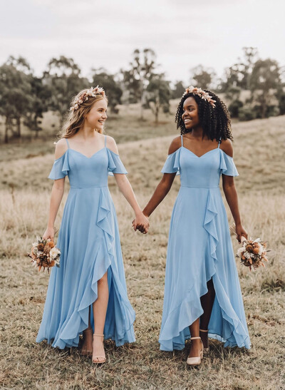 A-Line Off-The-Shoulder Sleeveless Asymmetrical Chiffon Junior Bridesmaid Dresses With High Split