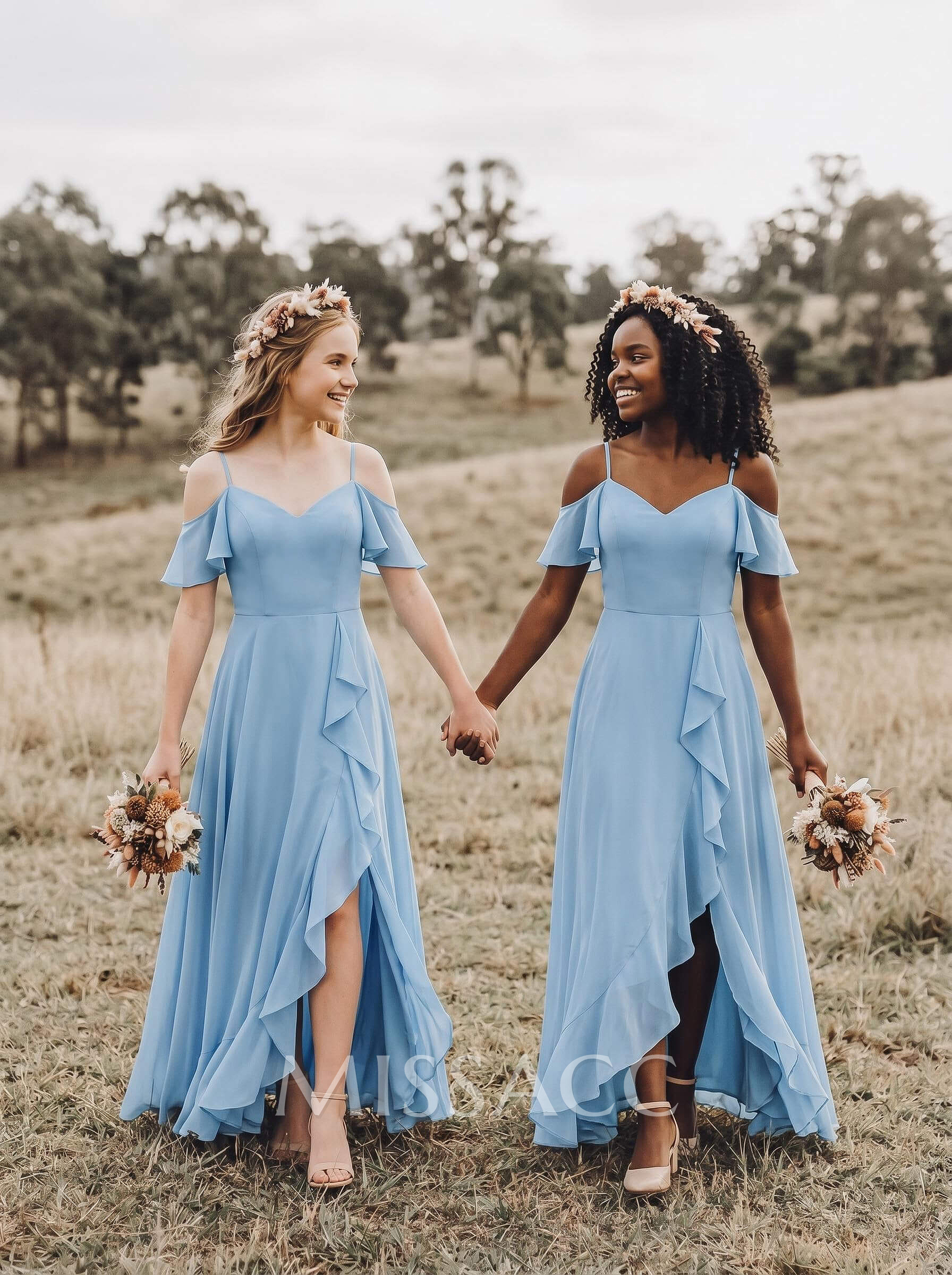 A-Line Off-The-Shoulder Sleeveless Asymmetrical Chiffon Junior Bridesmaid Dresses With High Split